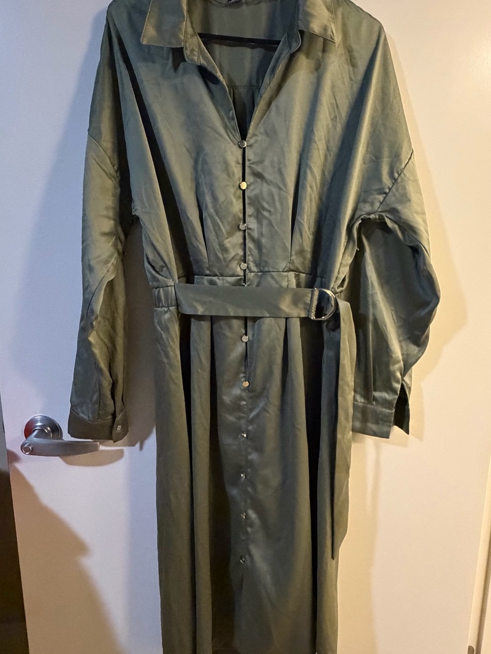 Satin Button-Front Olive Green Long Shirt Dress by French Connection size XXL